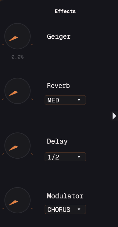 Effects Panel showing Geiger, Reverb, Delay, and Modulator