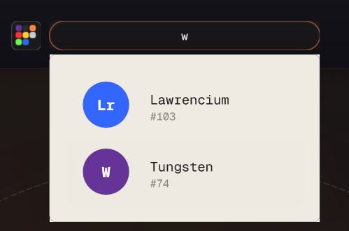 Element Search Bar showing Lawrencium and Tungsten results