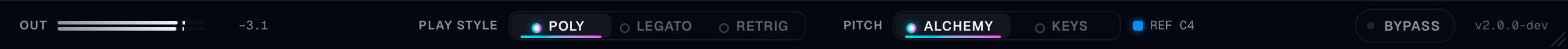 The footer with the output meters moving, Play style, Pitch, the reference-key readout, Bypass, and the version.