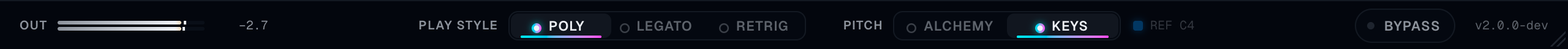 Pitch set to Keys. The reference mark steps aside and the keyboard plays ordinary pitches, with each element's small private detune still in the sound.