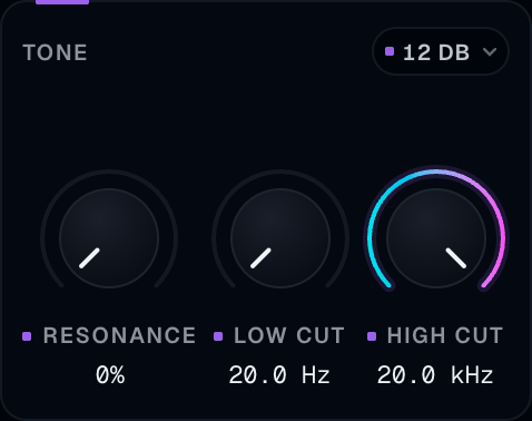 The Tone group: Resonance, Low cut, High cut, and the slope chip open on 12 dB and 24 dB.