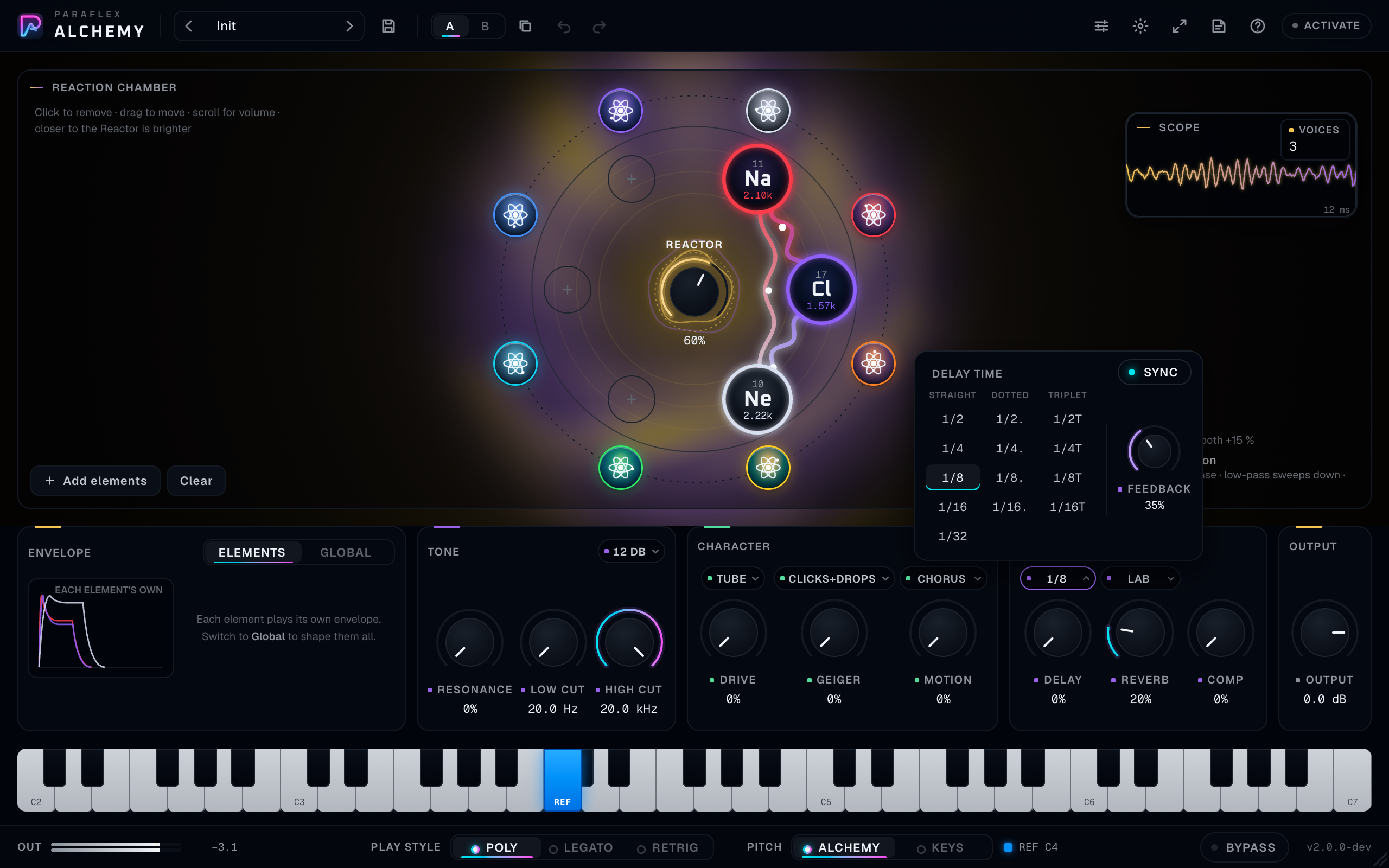 Delay, Reverb, and Comp. The delay panel is open so Sync, division, and Feedback are visible.