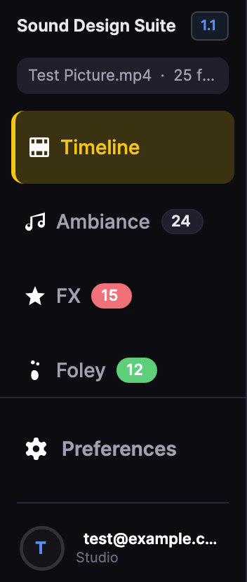 The rail on the left: Timeline, Ambiance, FX, and Foley, then Preferences and the signed-in account. The counts are how many scenes, FX events, and Foley events the open picture ha