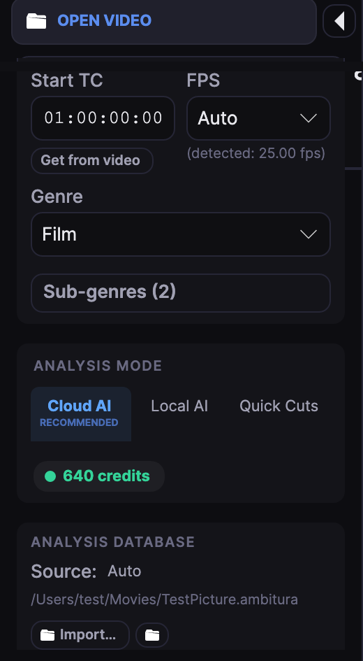 The sidebar for the open picture: Open Video, start timecode, frame rate, genre, and the analysis mode. Cloud AI, Local AI, and Quick Cuts are the three modes.