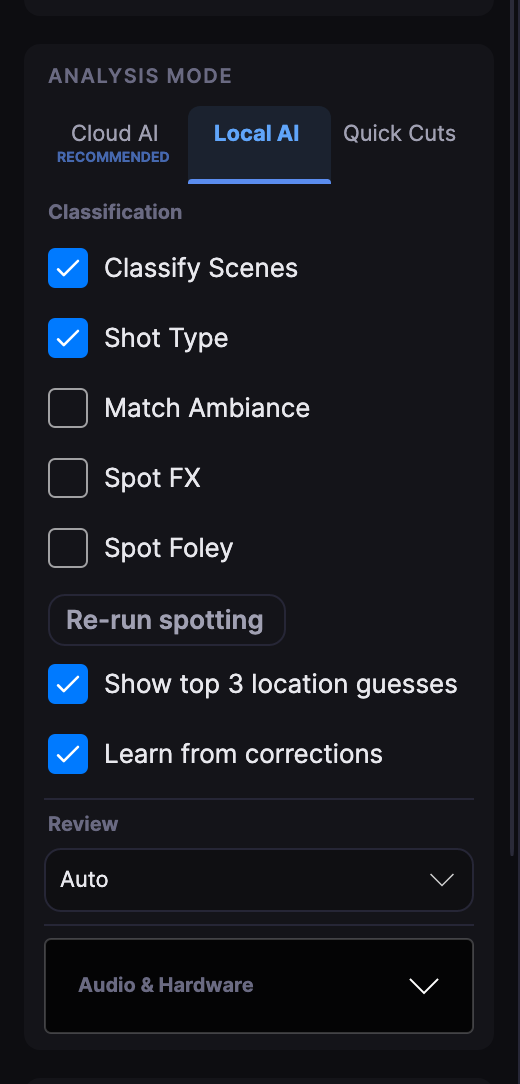 Local AI in the sidebar: classify scenes, shot type, match ambiance, Spot FX, Spot Foley, the top location guesses, and learning from corrections.