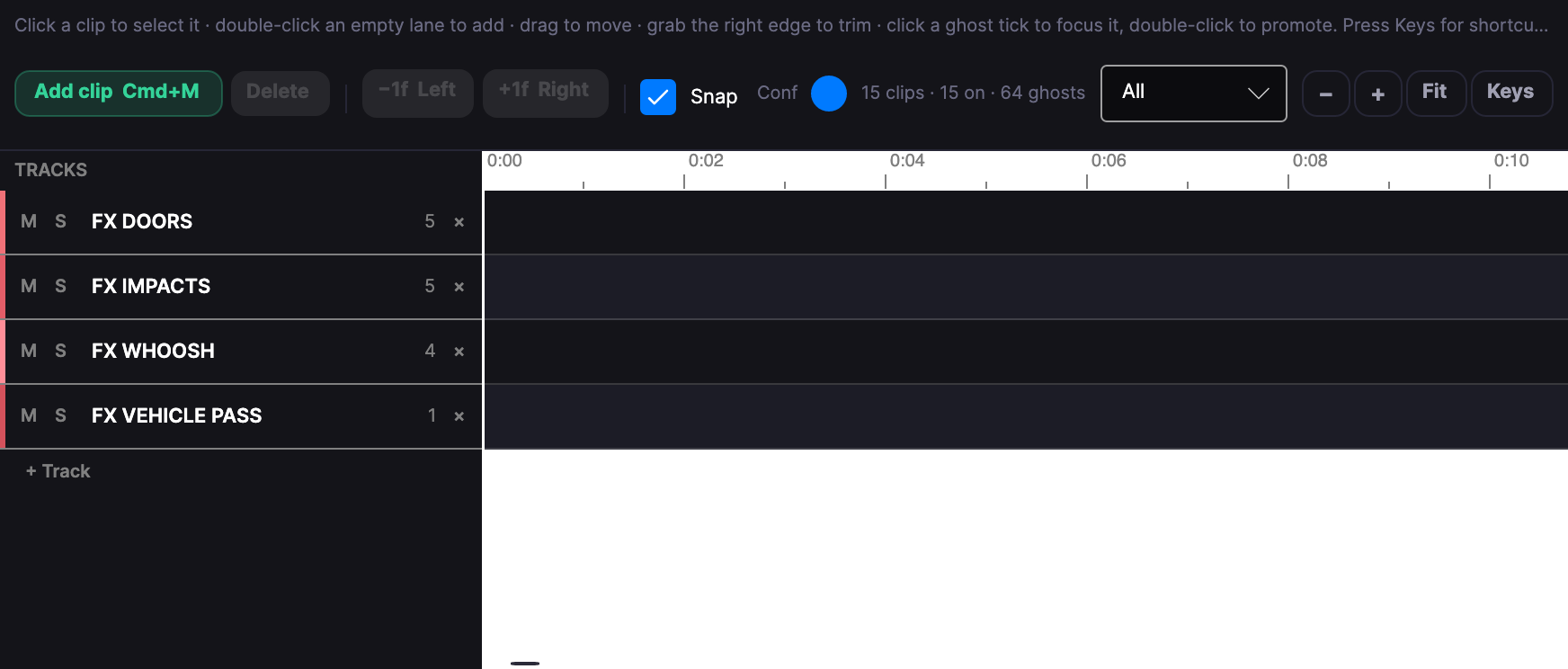 The FX page: tracks for each family, mute and solo, add a clip, nudge, snap, and the clip count.