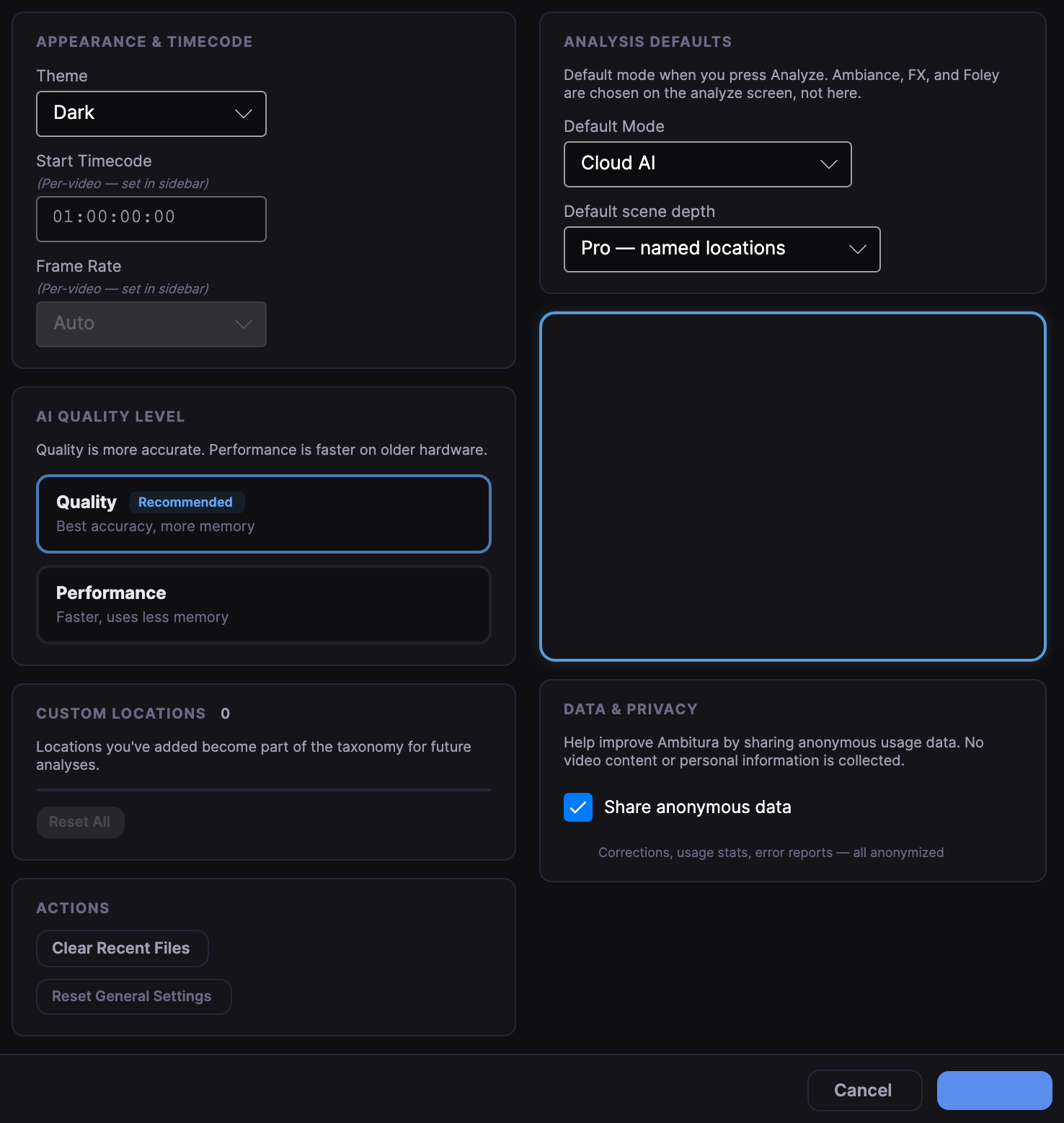 General: theme, the default analysis mode, quality or performance, custom locations, and whether anonymous usage data is shared.