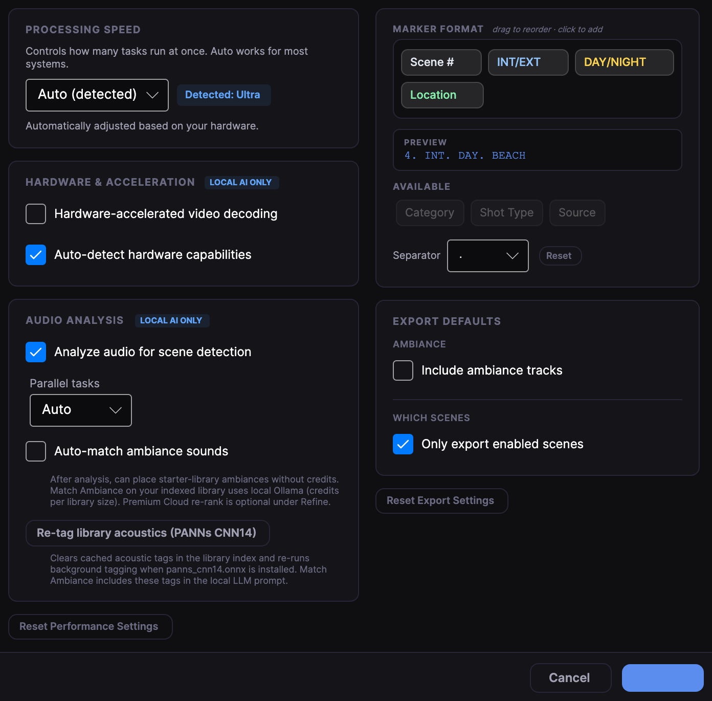 Performance & Export: how many tasks run at once, hardware, audio analysis, how marker names are built, and whether ambiance tracks are included.