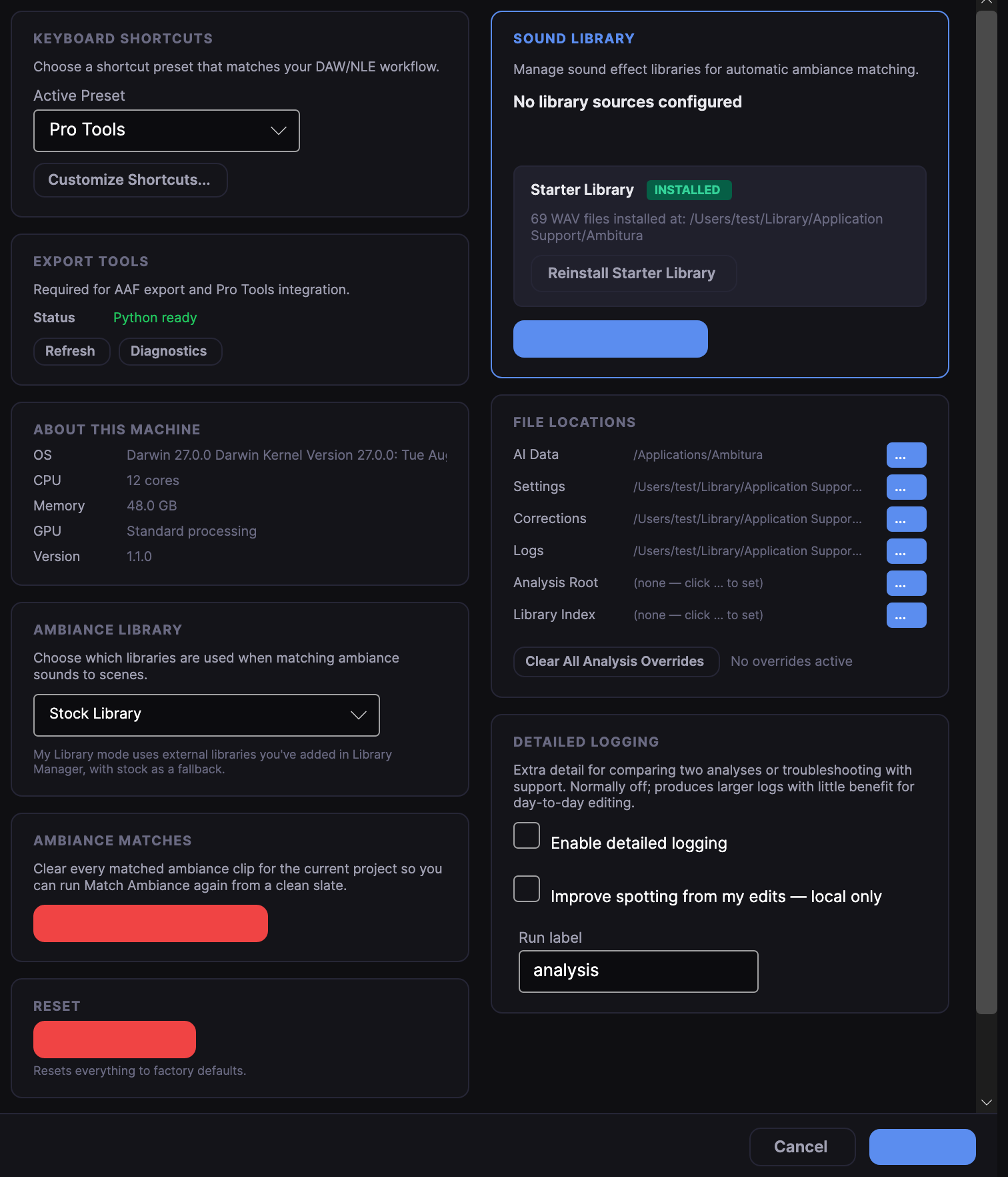 Advanced: the shortcut preset, export tools, this machine, the starter library, file locations, and logging.