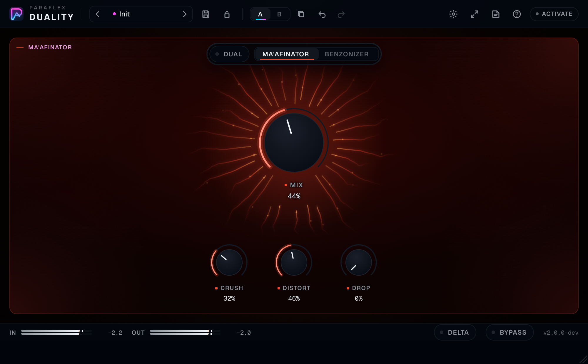 The window in single mode on Ma'afinator: one red world, Mix, Crush, Distort, Drop, the rail and footer. Meters moving.