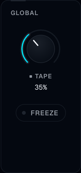 The Global group: Tape knob and the Freeze pill, Freeze on, rings showing the held state.