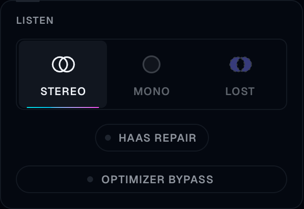 The three tiles with their icons: two circles for stereo, one filled circle for mono, and the offset shape for lost. One tile selected.